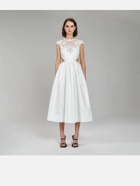 Self Portrait Elegant White Lace-Top Midi Dress